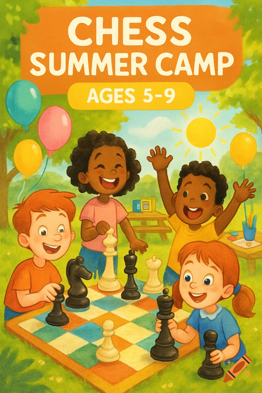 A colorful illustration shows a diverse group of happy children playing chess outdoors at a summer camp, with text "CHESS SUMMER CAMP AGES 5-9".