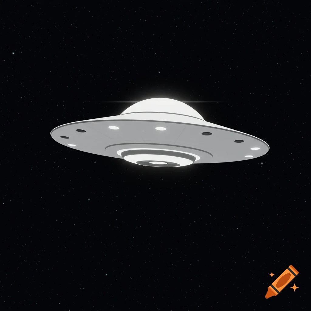 A stylized white UFO with glowing lights floats in dark space, surrounded by small stars.