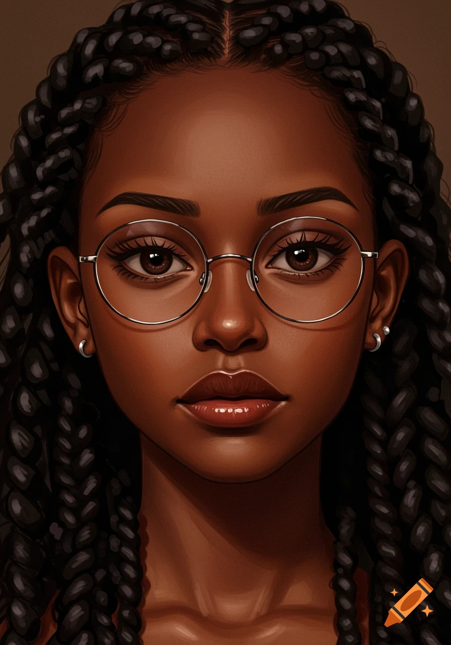 Close-up portrait of a Black anime woman with braided hair, round glasses, and glossy lips.