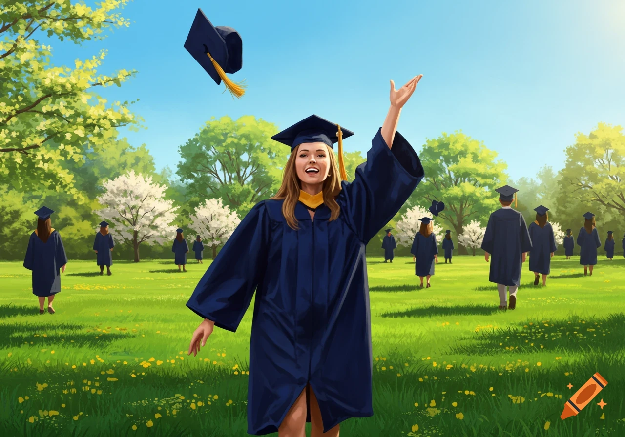 A smiling female graduate in a navy cap and gown throws her cap in the air on a sunny green field with other graduates.
