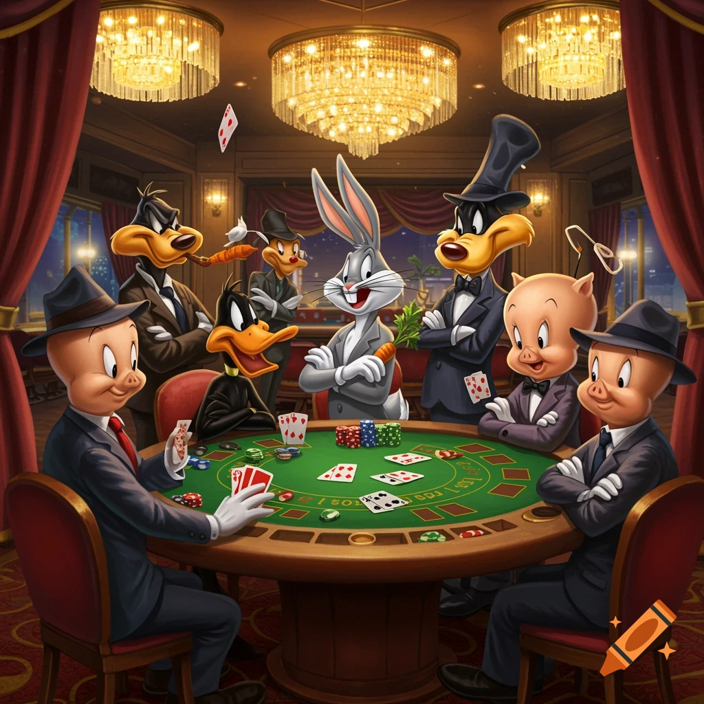 Looney Tunes characters, including Bugs Bunny, Daffy Duck, and Porky Pig, play poker in a lavish casino room.