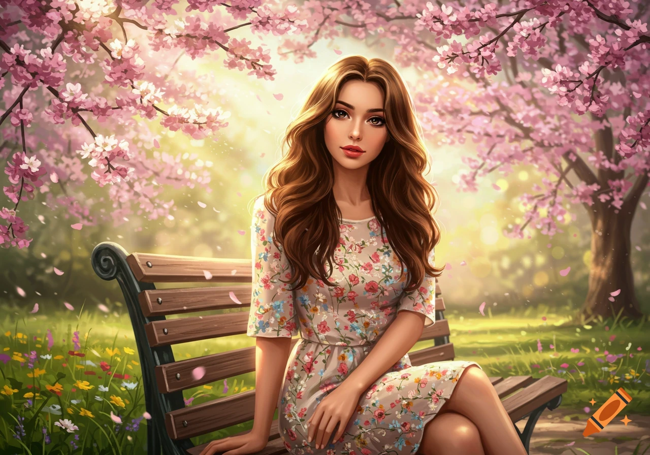 A beautiful woman with long brown hair in a floral dress sits on a park bench under blooming cherry blossom trees.