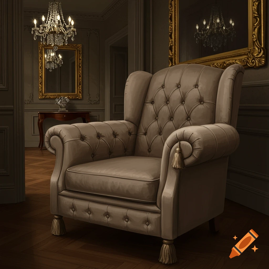 A taupe Chesterfield armchair in a dimly lit, elegant room with chandeliers, ornate mirrors, and wooden floors.