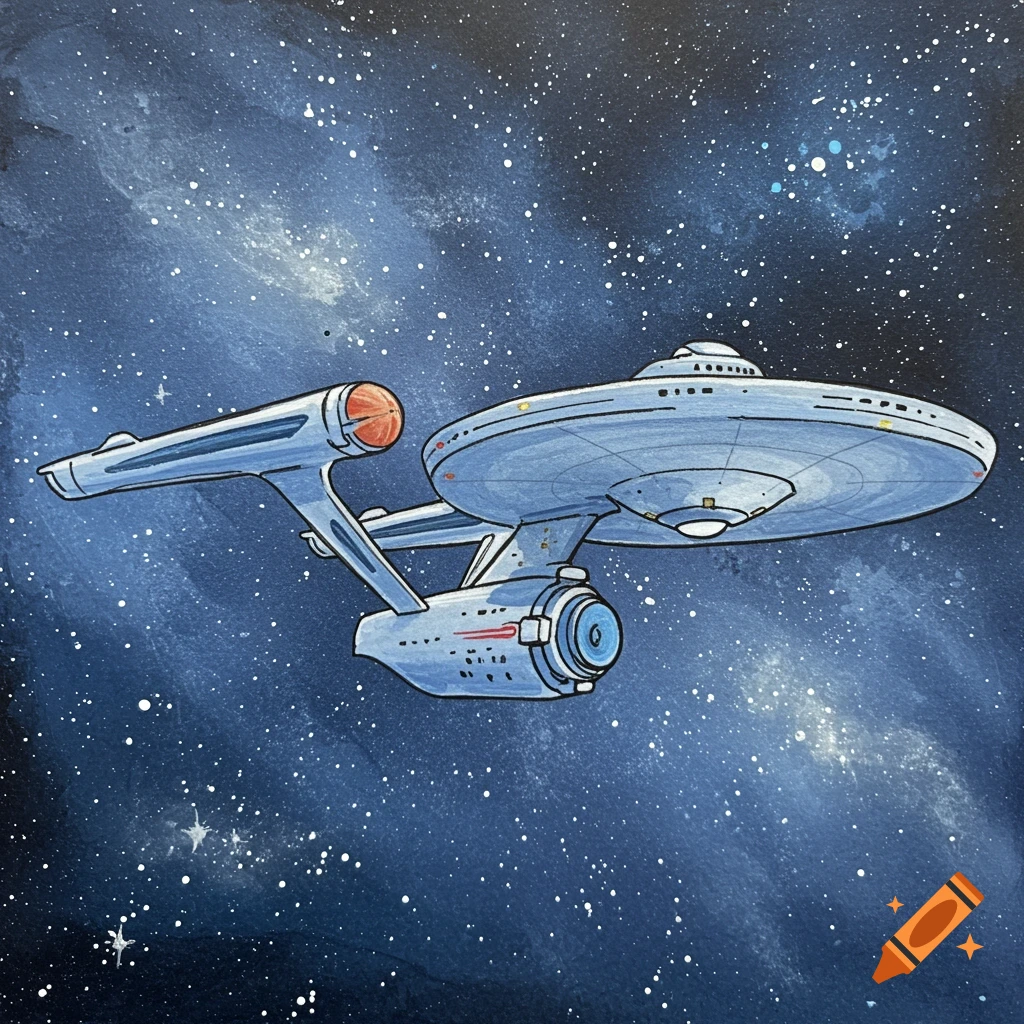 A stylized gouache painting of the USS Enterprise spaceship flying through a starry blue galaxy.