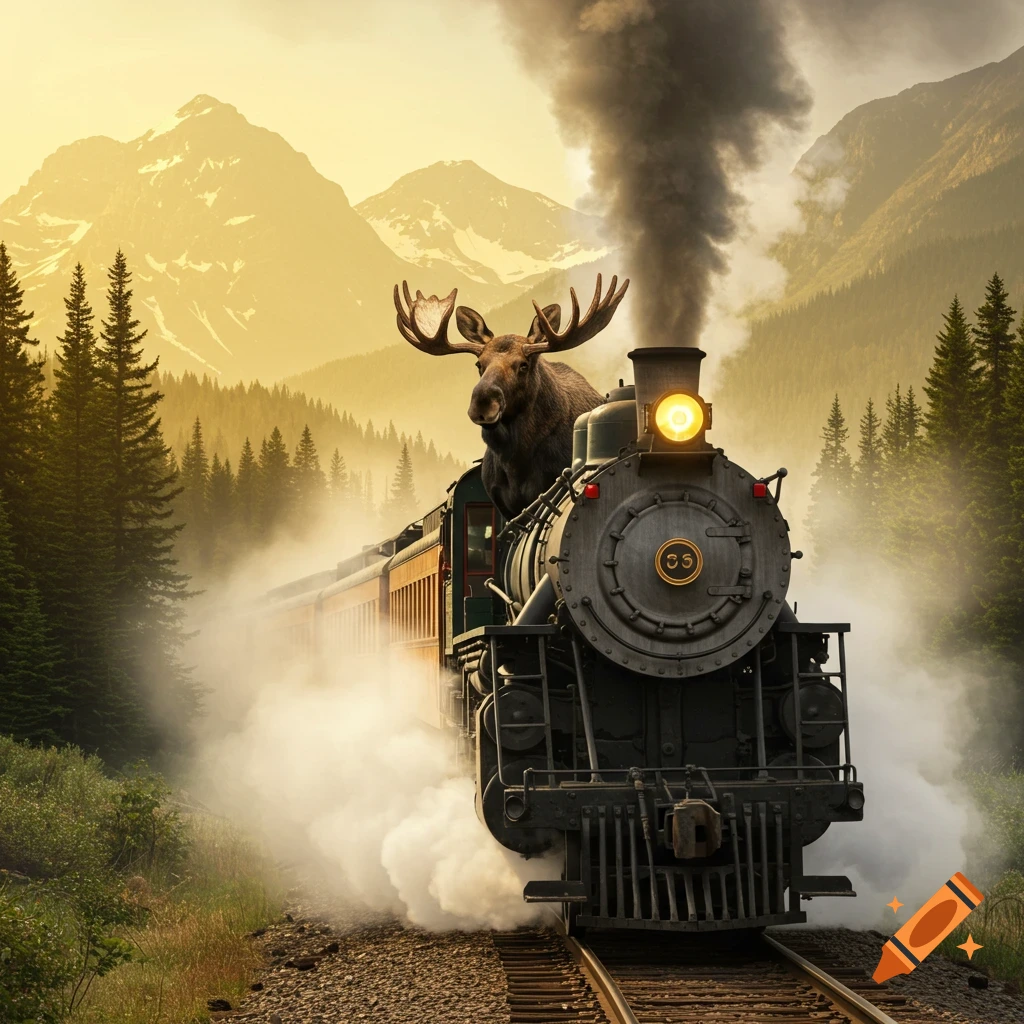 A large moose stands on top of a classic steam locomotive, billowing smoke, as it travels through a misty mountain forest landscape at sunset.