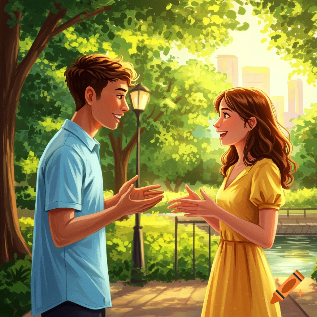 An illustrated man and woman smiling and talking with positive body language in a vibrant, sunny park.