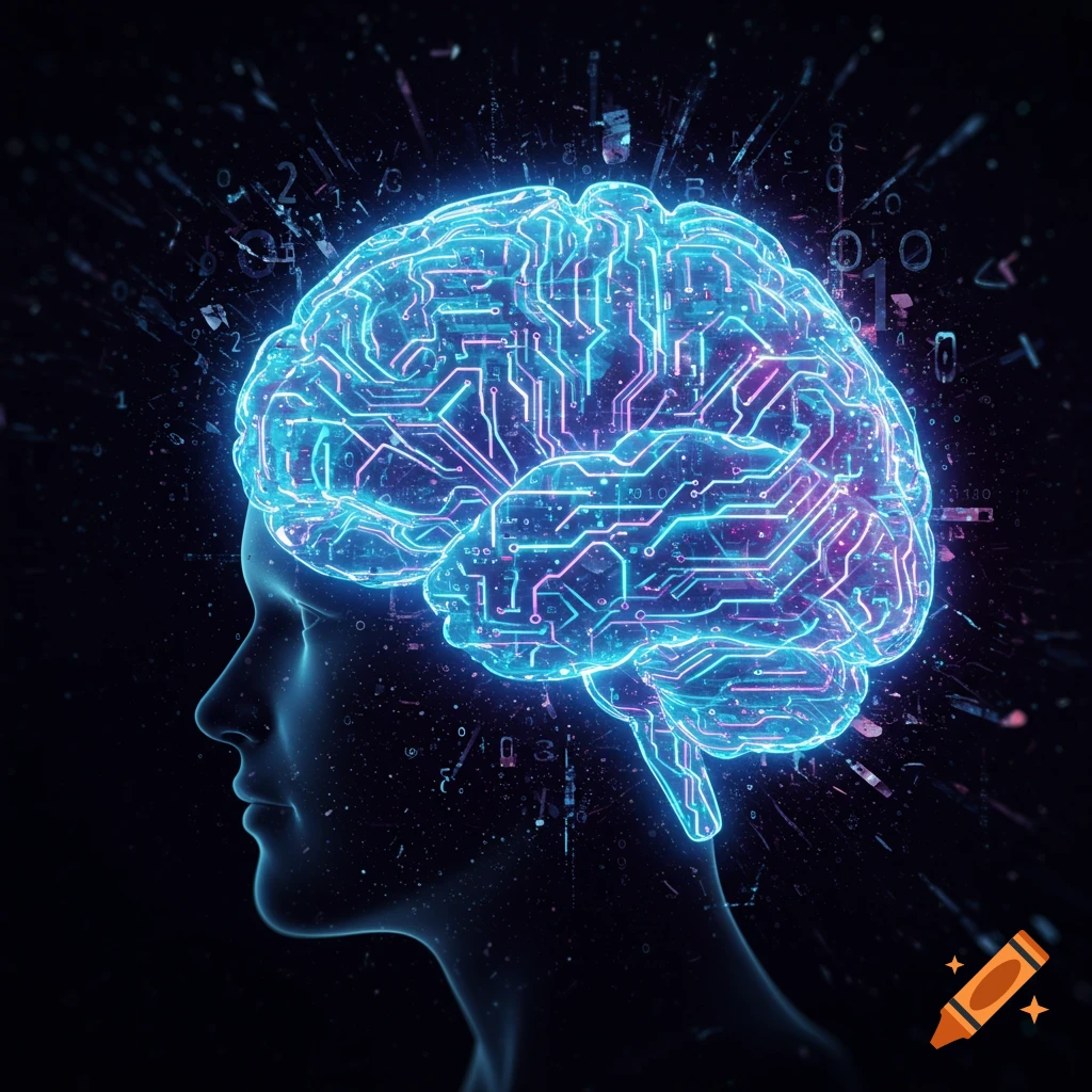 Digital portrait of a glowing, circuit-patterned brain inside a human head silhouette, surrounded by binary code in a futuristic style.