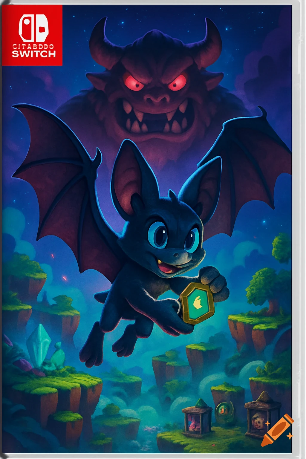 A cartoon game case for the Nintendo Switch featuring a cute black bat flying with a golden item, while a large red-eyed monster looms in the background of a fantastical world.