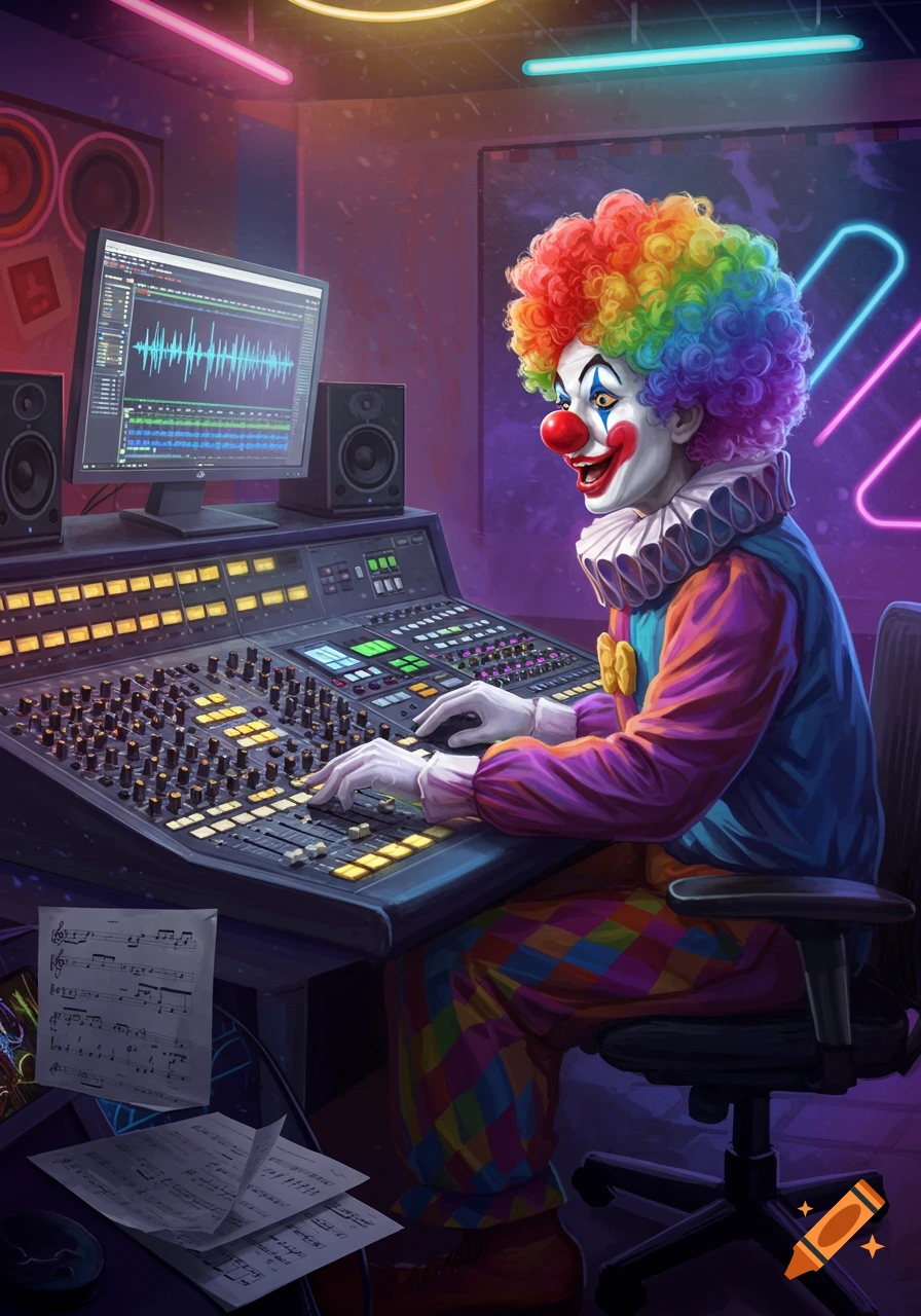 A colorful clown with a rainbow wig works at a music production console in a vibrant, neon-lit studio.