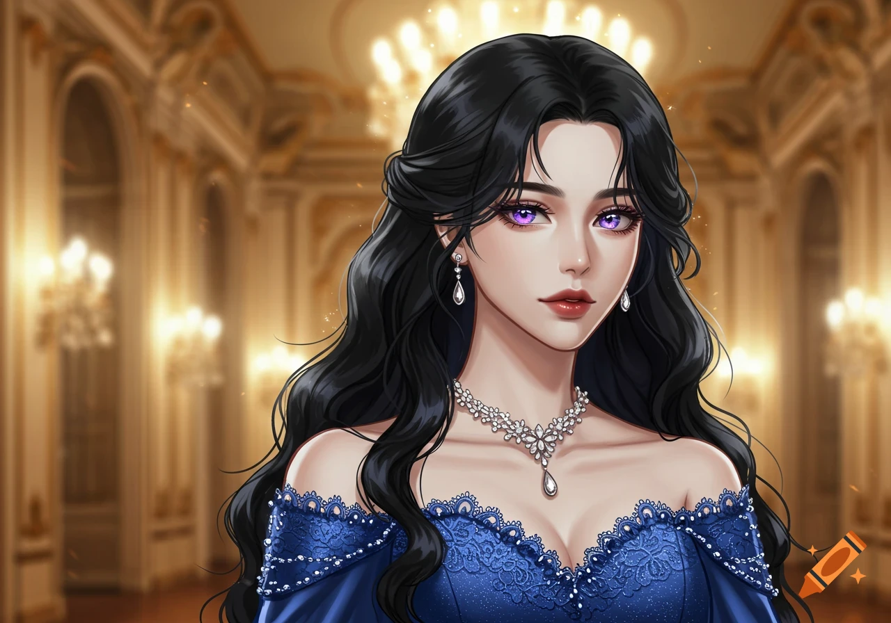 An anime-style portrait of a woman with long black hair, violet eyes, and light skin, wearing a blue off-the-shoulder ball gown and a pearl necklace, standing in a grand ballroom.