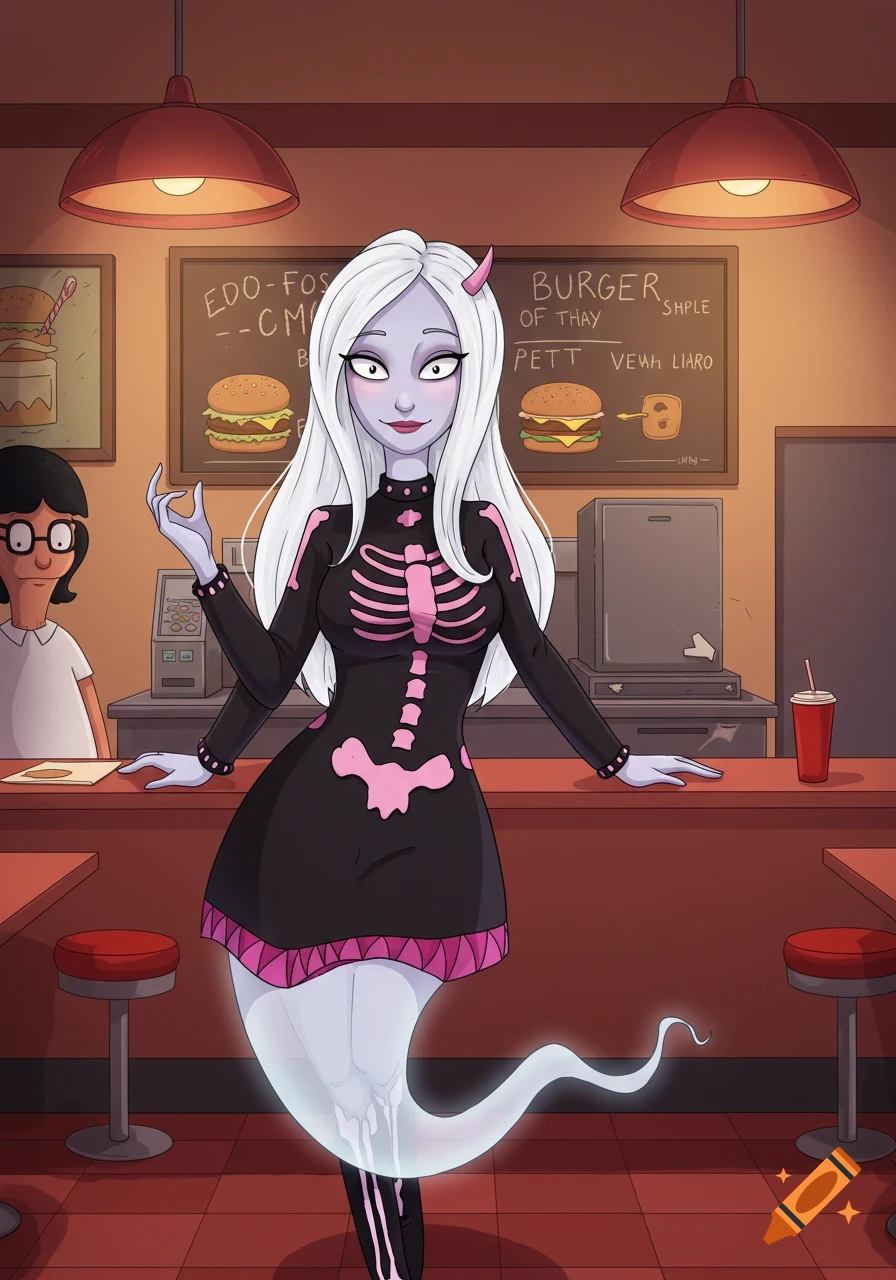 Cartoon ghost-like woman with white hair and horns in a skeleton dress at a diner counter, with Tina Belcher in the background.