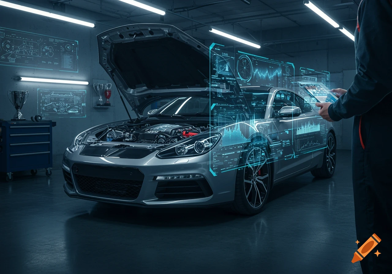 A photorealistic image of a car with its hood open in a dark garage, surrounded by glowing blue holographic displays showing data and charts, with a person on the right interacting with a tablet.