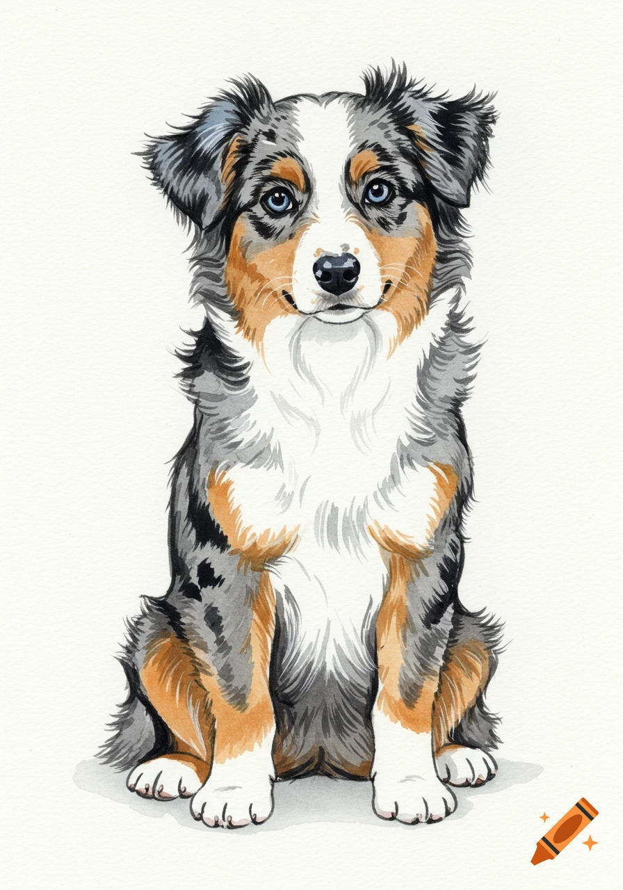 A cute blue merle Australian Shepherd puppy sitting and looking at the camera, watercolor illustration on a white background.