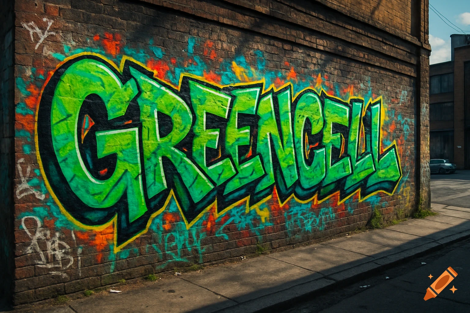 Green graffiti spelling 'GREENCELL' on a brick wall in an urban alley.