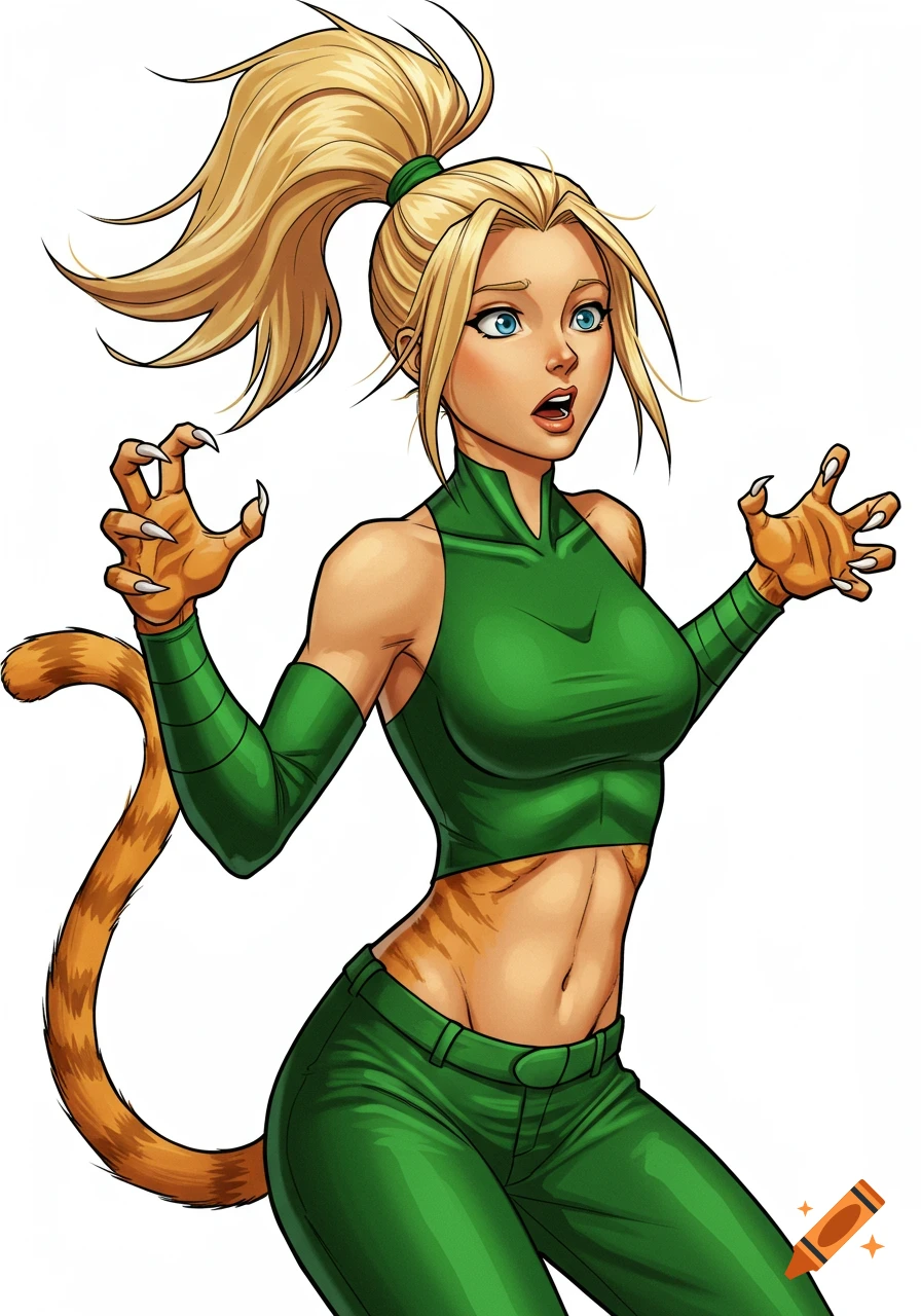 Artemis Crock, a blonde woman in green, transforms into a feline creature with claws and a tail, looking surprised in a comic art style.