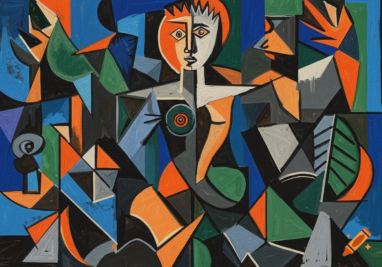 Vibrant cubist abstract portrait of a figure in the style of Picasso, with geometric shapes and bold colors.