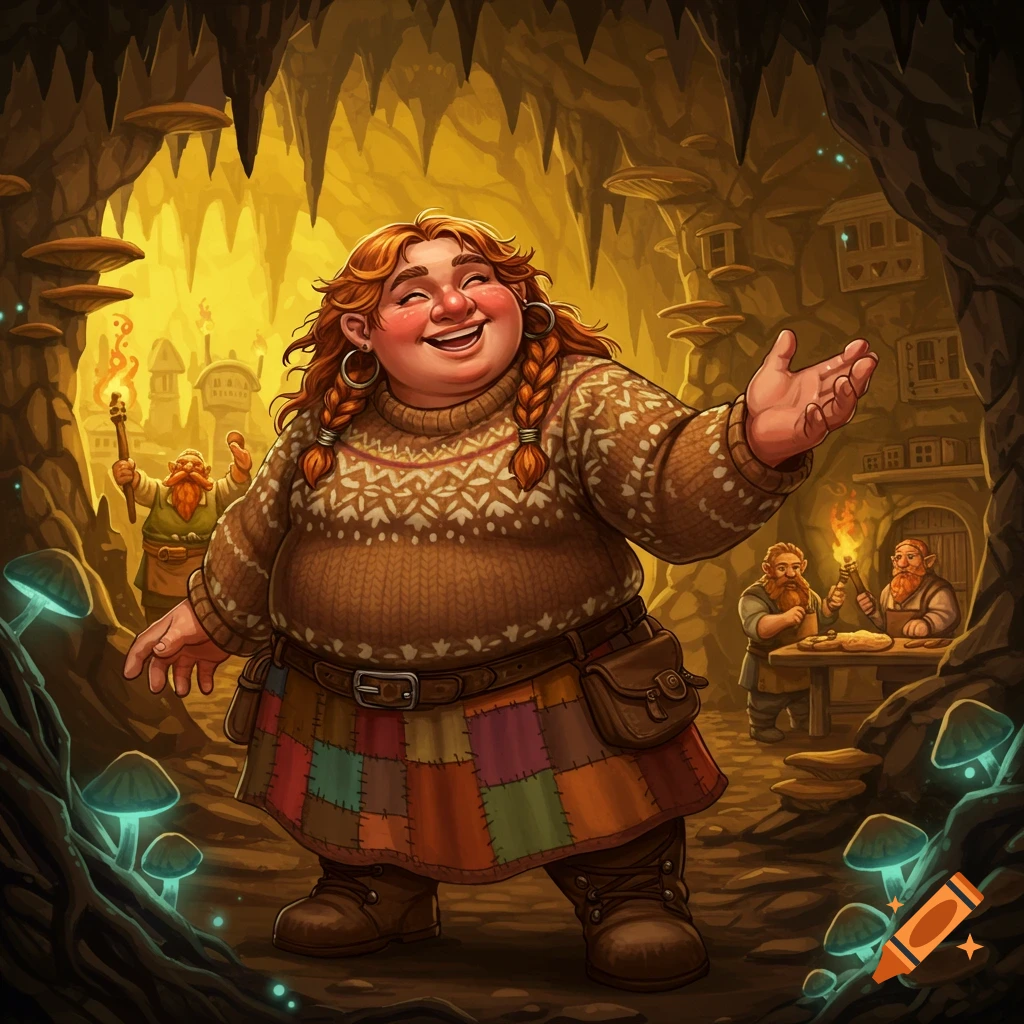 A cheerful, chubby dwarf woman with braided red hair laughs and gestures in a glowing underground cave with other dwarves and bioluminescent mushrooms.