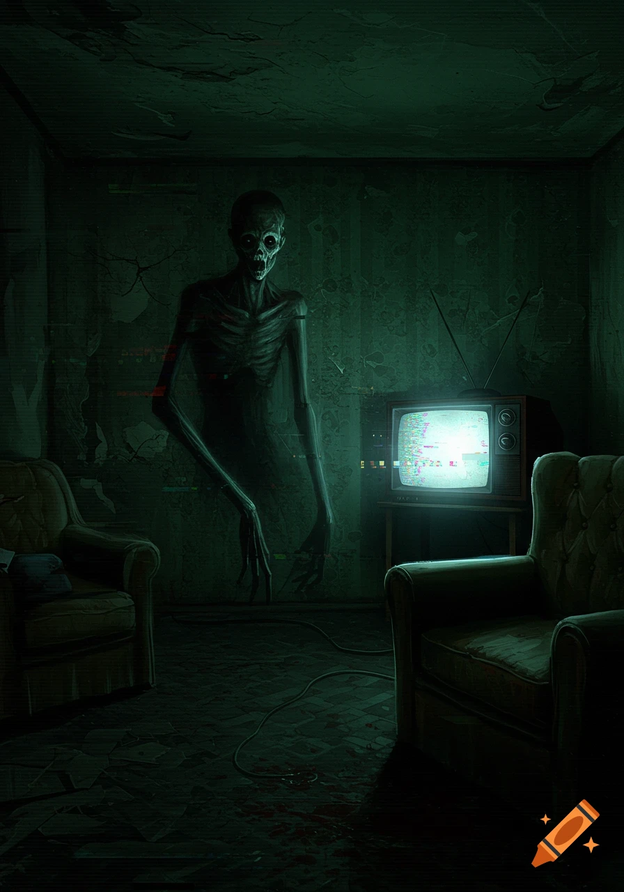 A gaunt, skeletal figure with glowing eyes stands in a dark, dilapidated room with two armchairs and a static-filled retro TV, in an analog horror style.