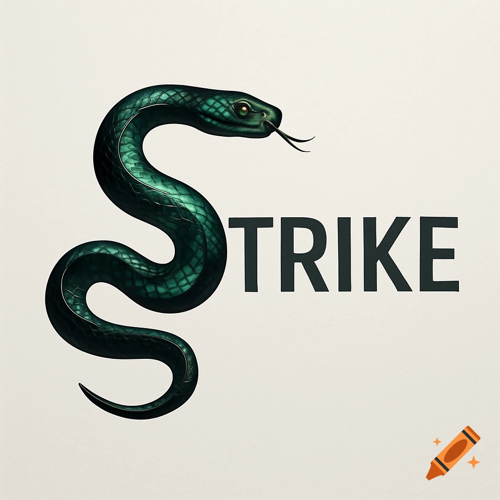 A dark green snake forms the letter S in the word STRIKE, set against a light background.