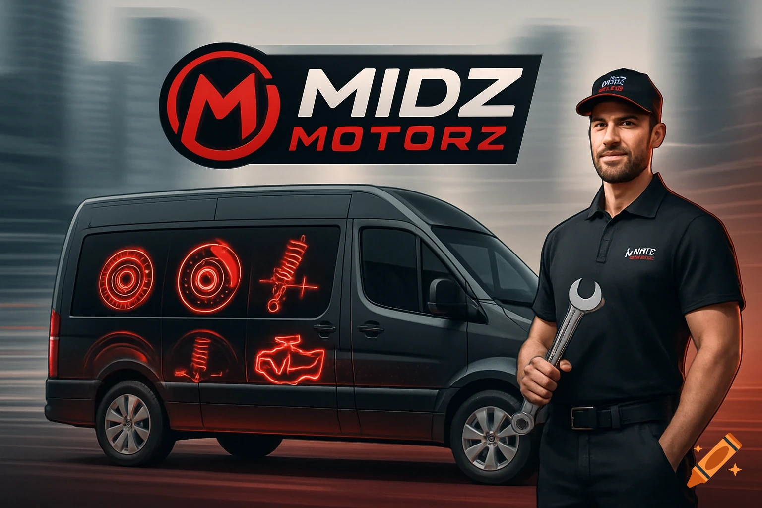 A male mechanic holding a wrench stands next to a black mobile mechanic van with glowing red auto part icons and a 'MIDZ MOTORZ' logo.