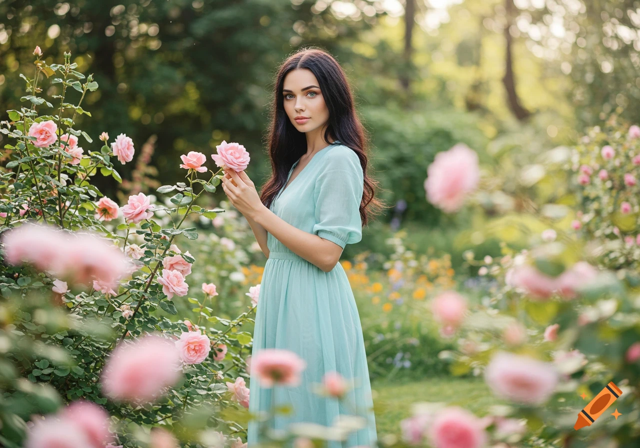A beautiful woman in a light blue dress stands in a lush rose garden, holding a pink rose.