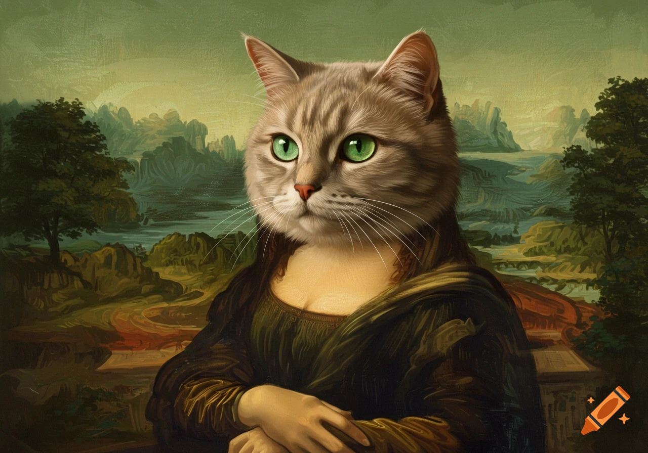 A painting of a grey tabby cat with bright green eyes, replacing the head of the Mona Lisa, with a classic landscape background.
