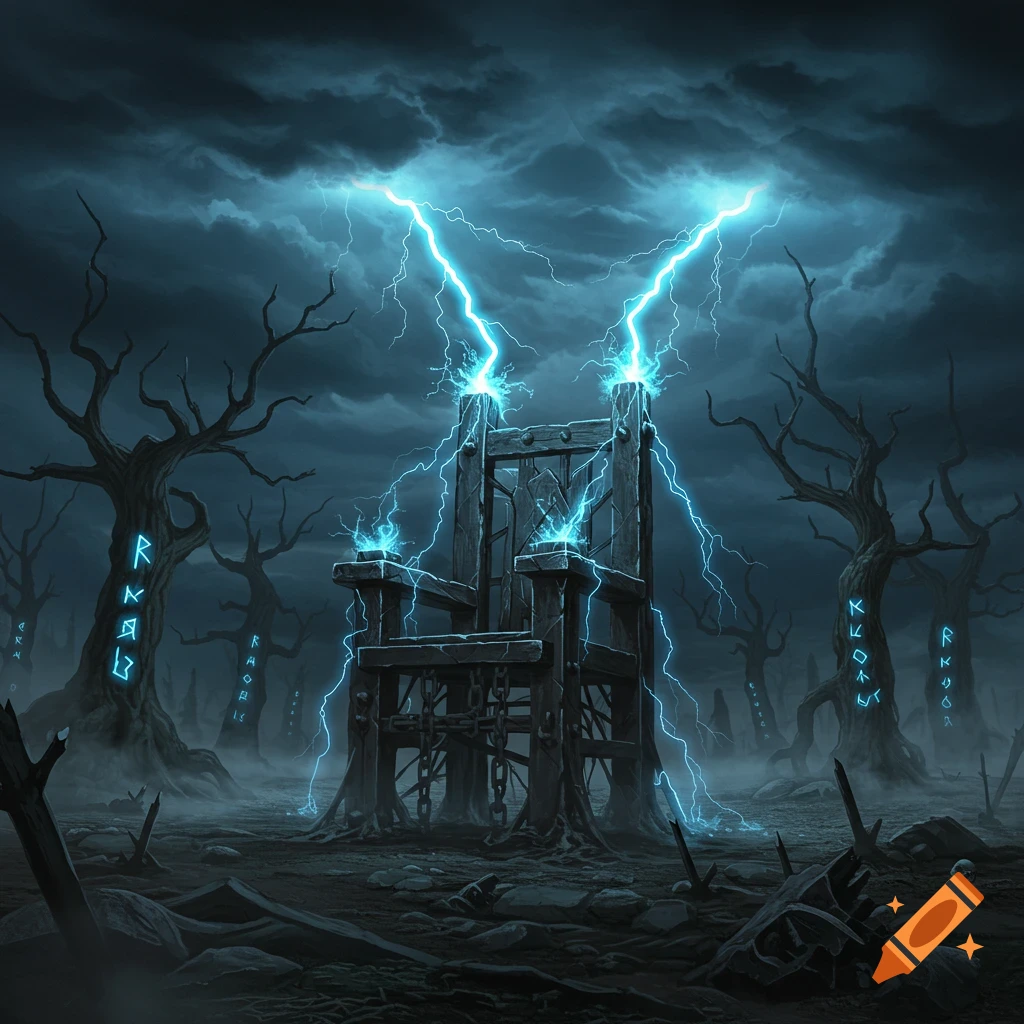 A dark fantasy scene featuring an electric chair being struck by blue lightning in a barren, misty landscape with ominous trees.