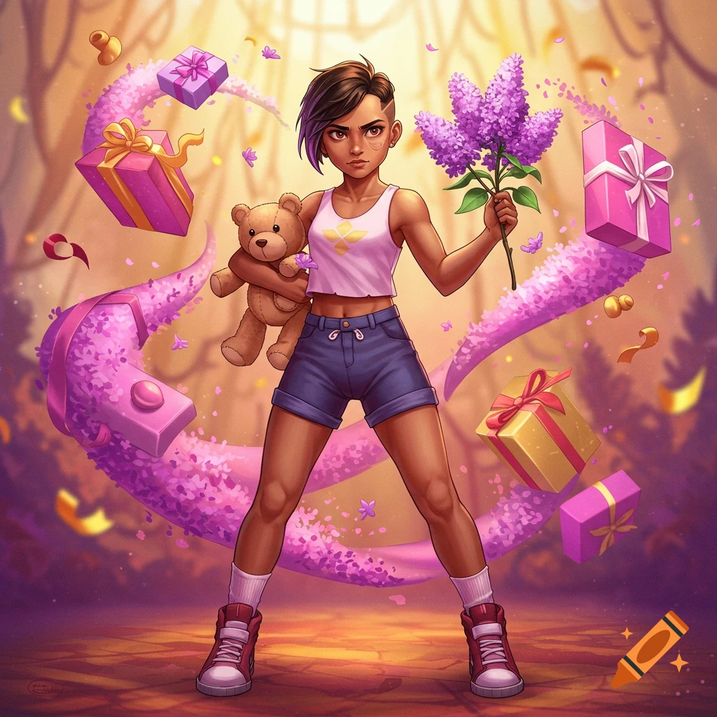 Digital art of a girl holding a teddy bear and lilac flowers, surrounded by floating gifts and a swirling purple ribbon in a vibrant, stylized setting.
