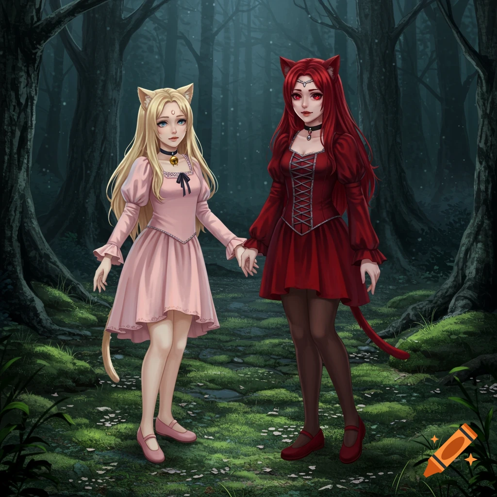 Two anime-style cat girls, one in a pink medieval dress and the other in a red one, hold hands in a dark, enchanted forest.