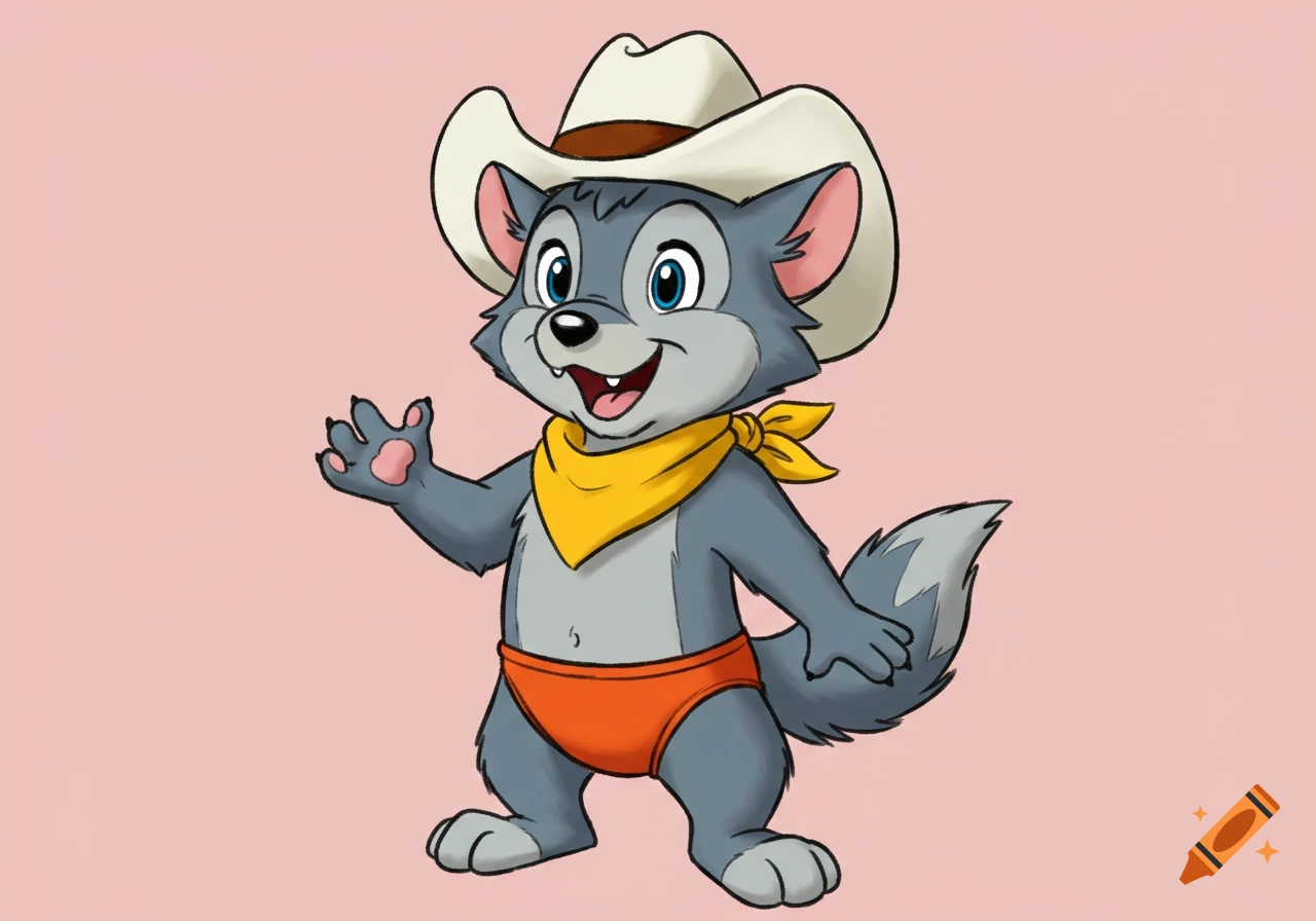 An Amblimation-style cartoon of a cute gray wolf pup wearing a white cowboy hat, a yellow bandana, and orange briefs, waving with a wide smile.