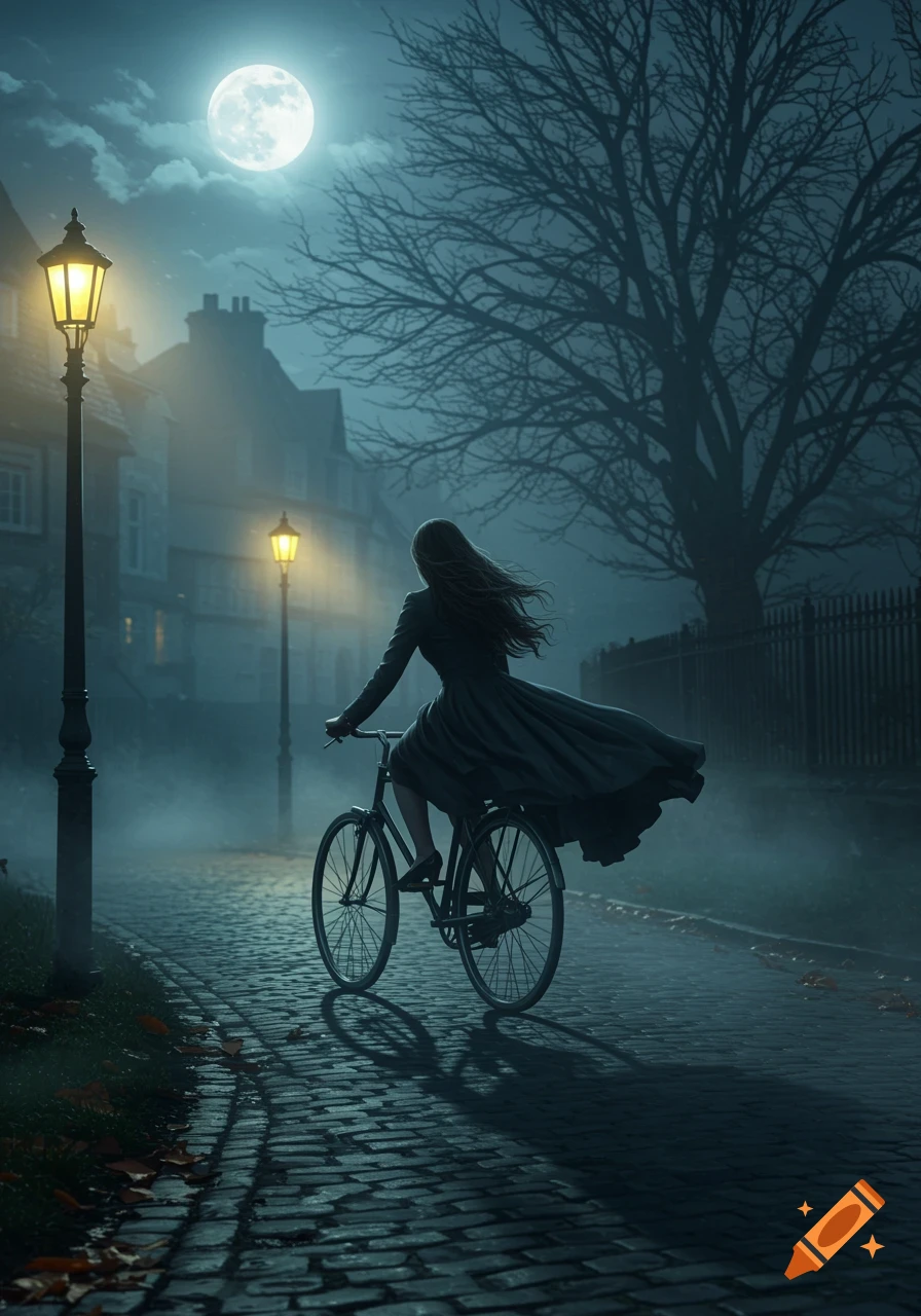 A woman in a dark, flowing dress rides a bicycle down a foggy, cobblestone street at night, lit by a full moon and glowing streetlights.