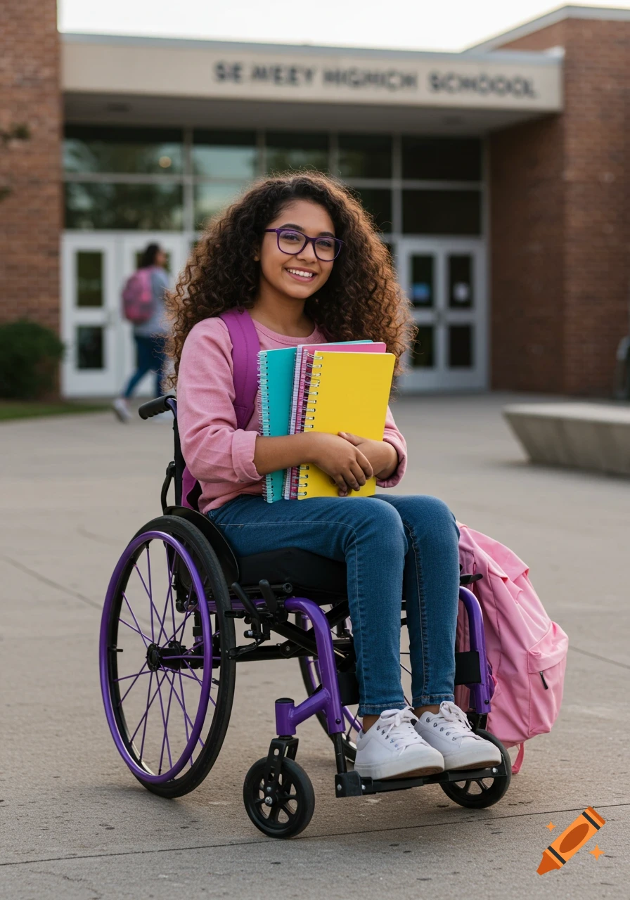 Young girl with curly hair and glasses in a purple wheelchair, holding notebooks and a pink backpack, smiling in front of a high school building.