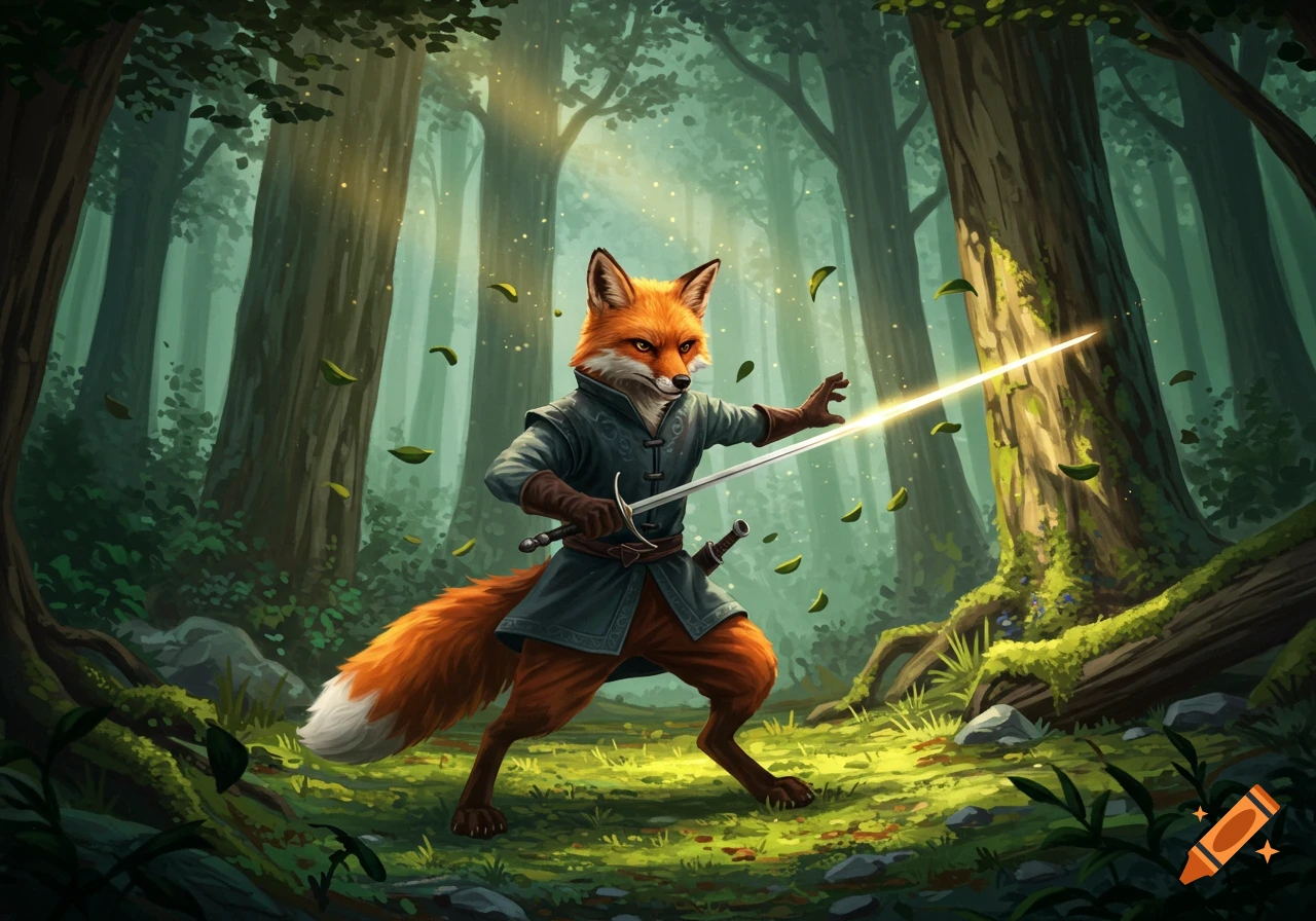 An anthropomorphic fox, dressed in a tunic and gloves, wields a glowing sword in a mystical forest setting.