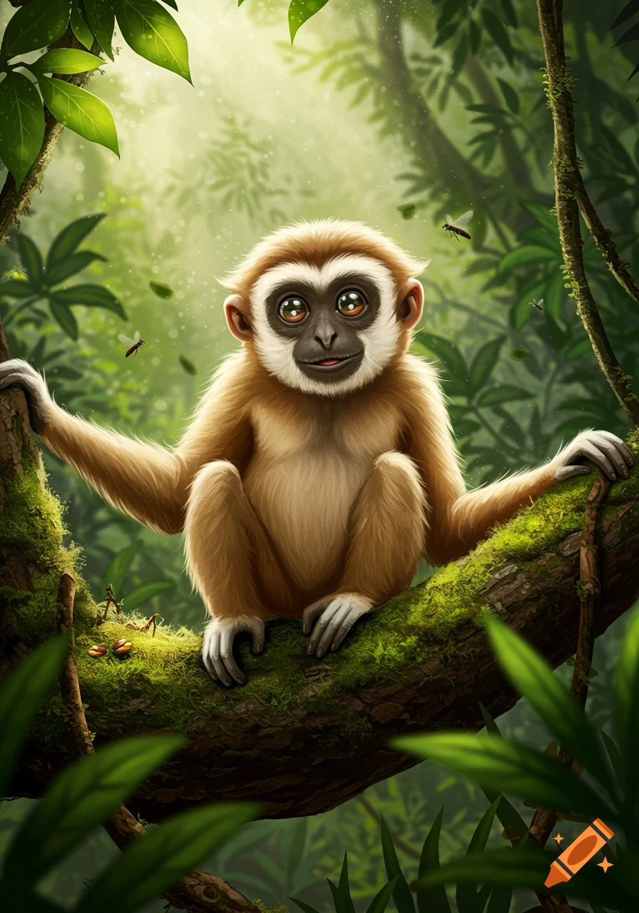 A cross-eyed gibbon sits on a mossy tree branch in a lush, sunlit jungle, digital illustration.