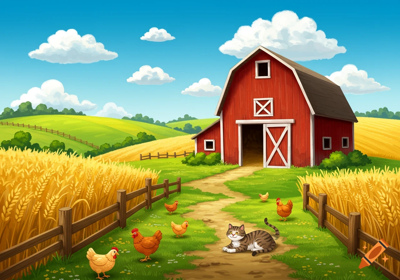 Vibrant cartoon illustration of a farm with a red barn, green fields, a wheat field, a path, chickens, and a cat.