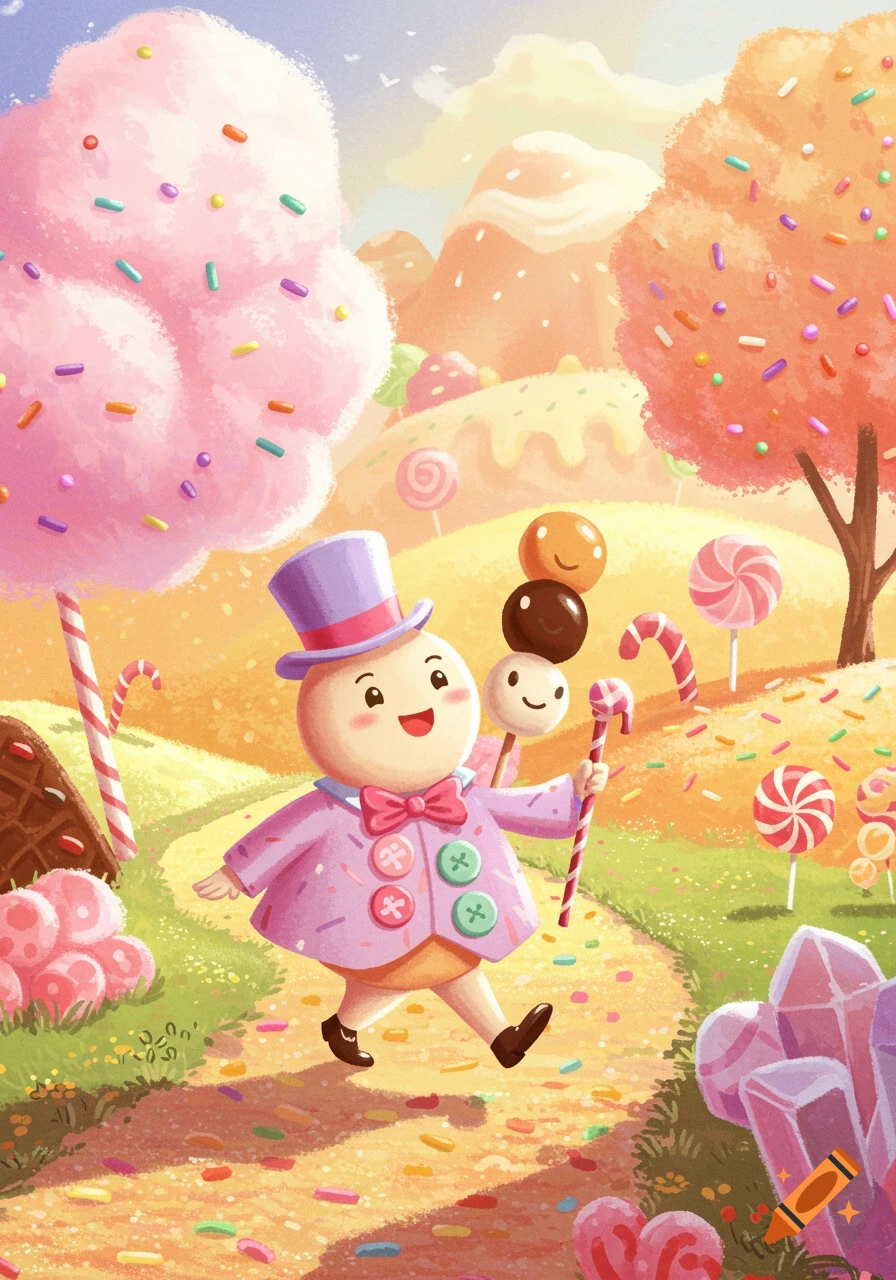 A cheerful, round cartoon character in a top hat and sprinkle-covered jacket walks through a vibrant, whimsical candy land with lollipop trees and crystal formations.
