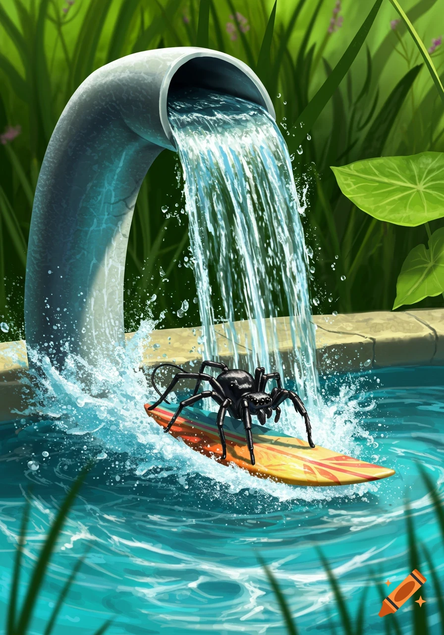 A black spider rides a yellow and orange surfboard as water pours from a gray pipe into a pool.