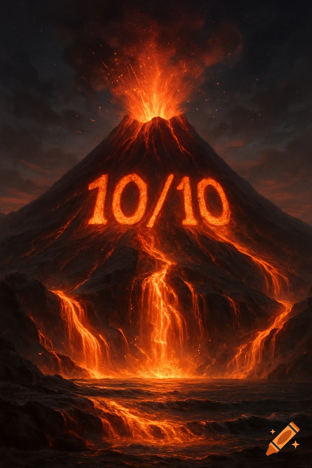 A volcano erupts, with glowing lava forming the text '10/10' on its side and flowing into a dark, stormy ocean.