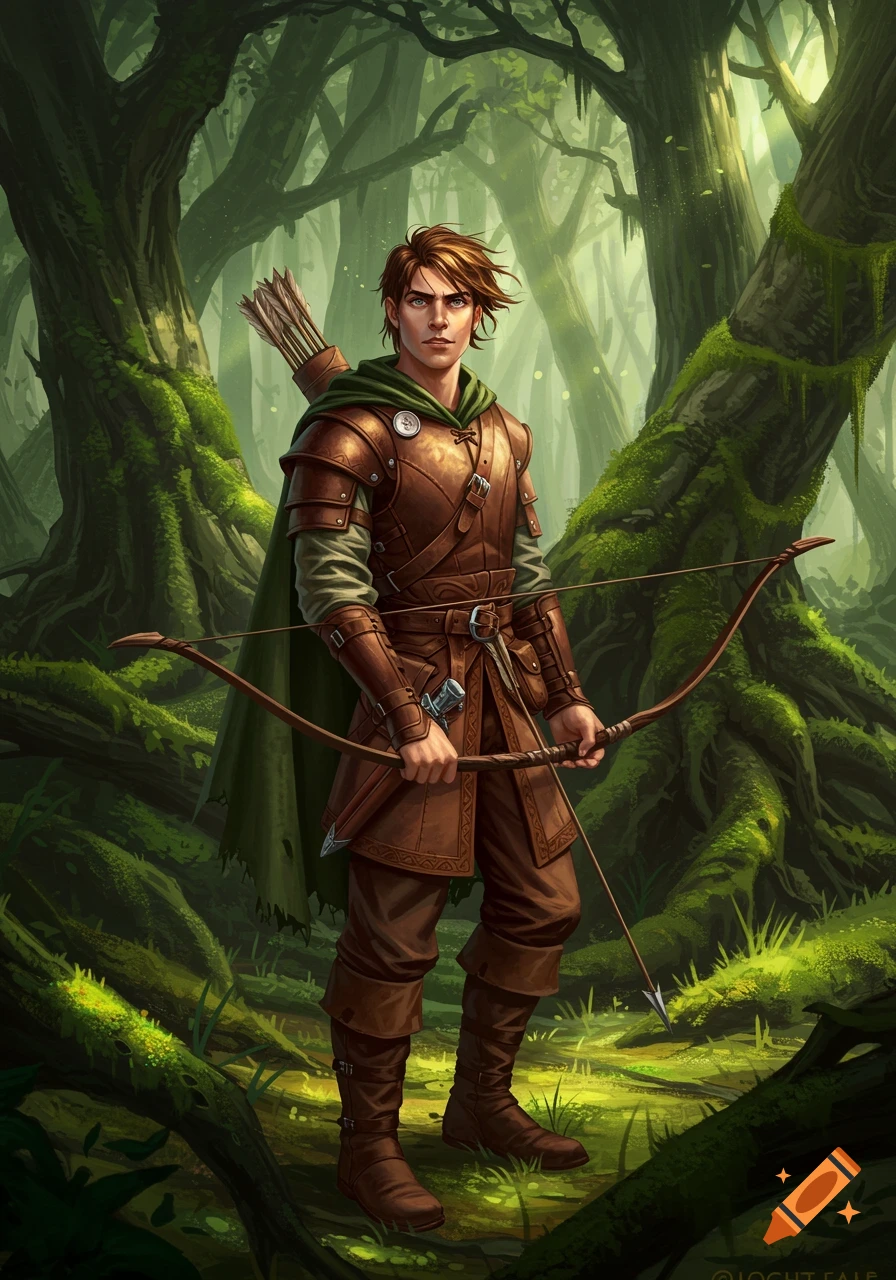 A young male ranger in leather armor, with a bow and quiver, stands in a lush, mossy forest.