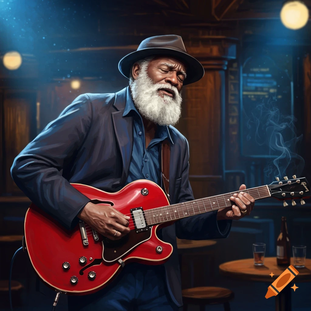 Older man with white beard playing red electric guitar in dimly lit bar, eyes closed while singing.
