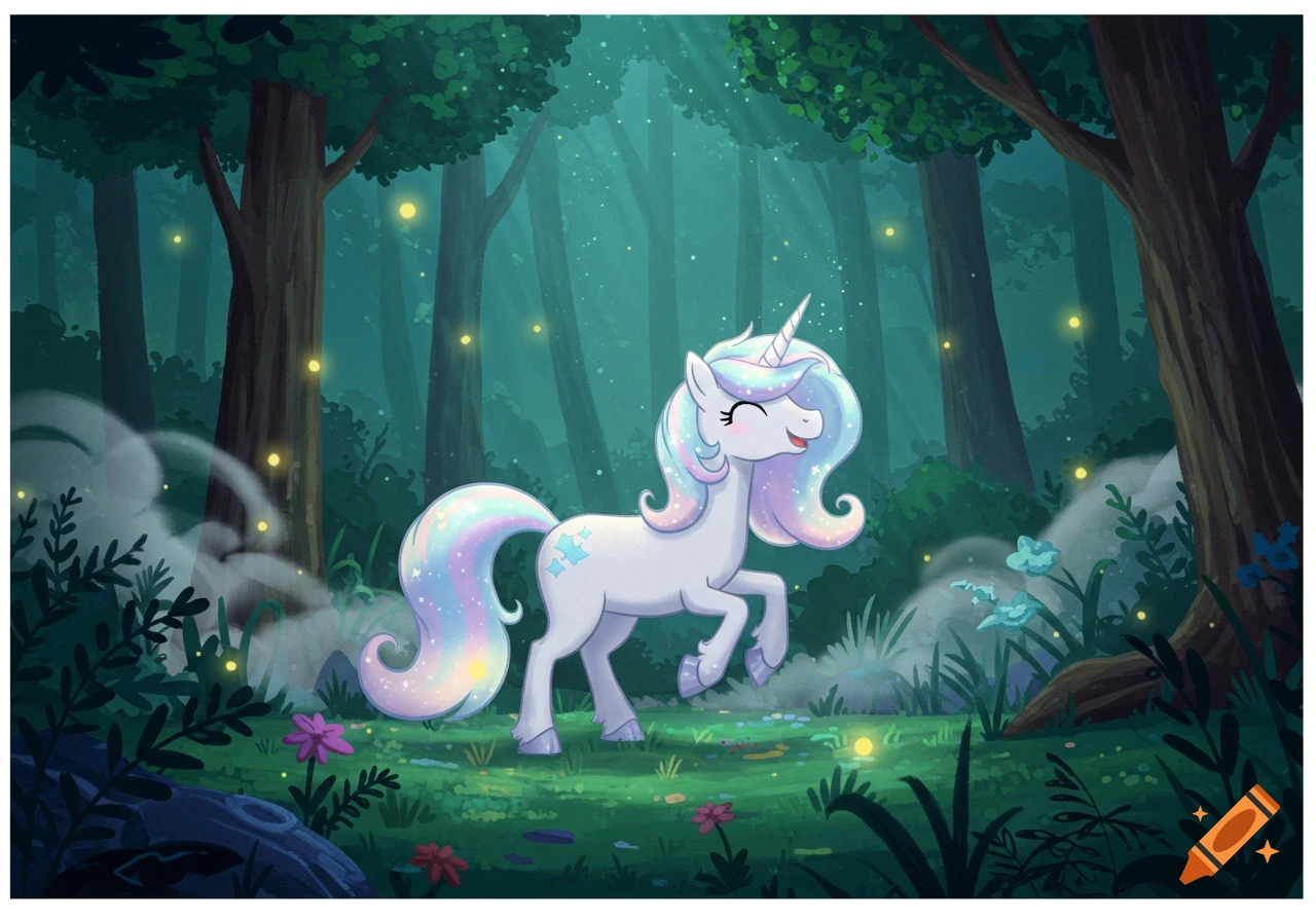 A sparkly cartoon unicorn with a rainbow mane and tail in a glowing enchanted forest.
