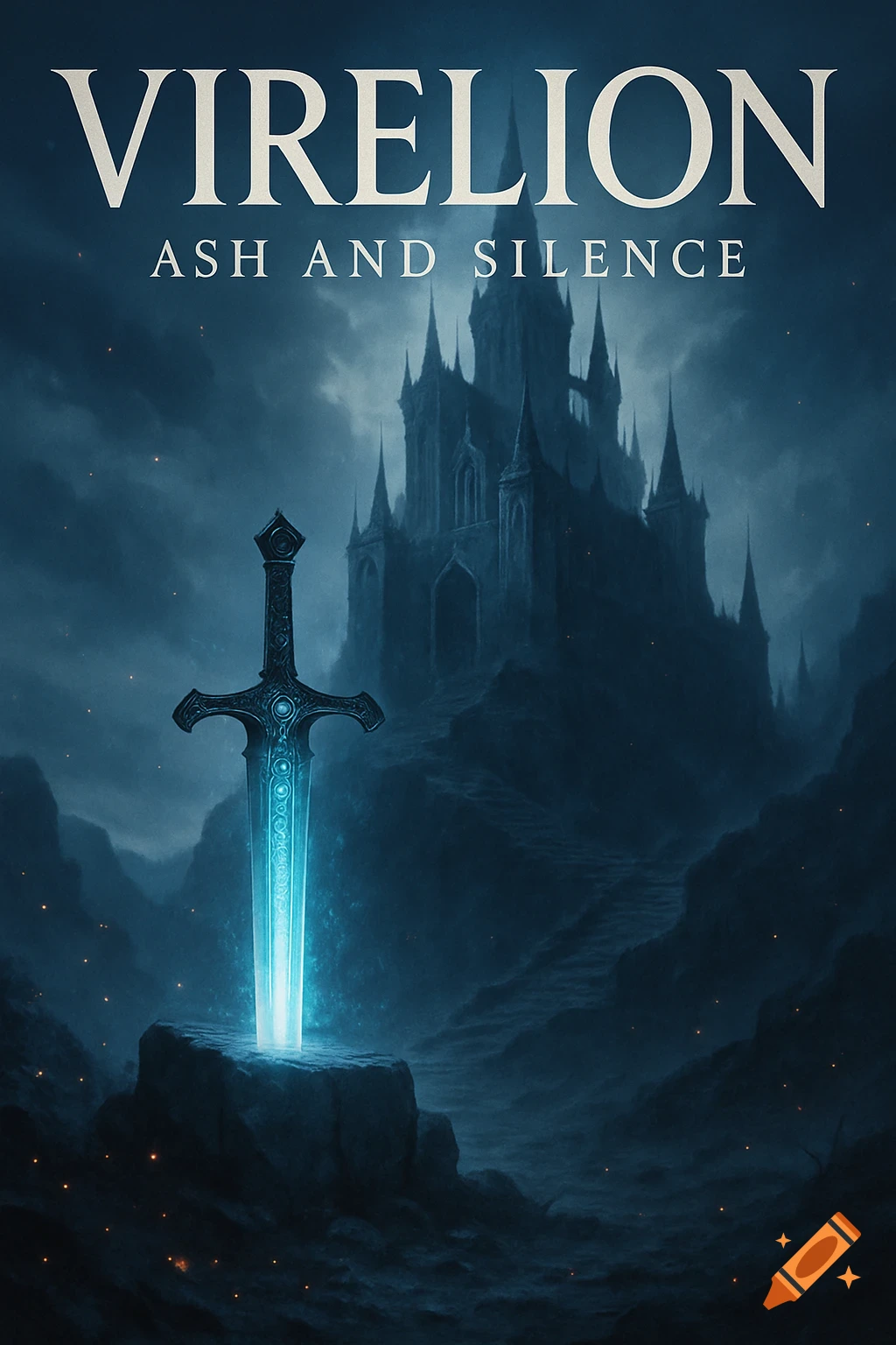 Dark fantasy book cover featuring a glowing blue sword in a rock, with a shadowy castle and misty mountains in the background under a stormy sky, titled 'Virelion: Ash and Silence'.
