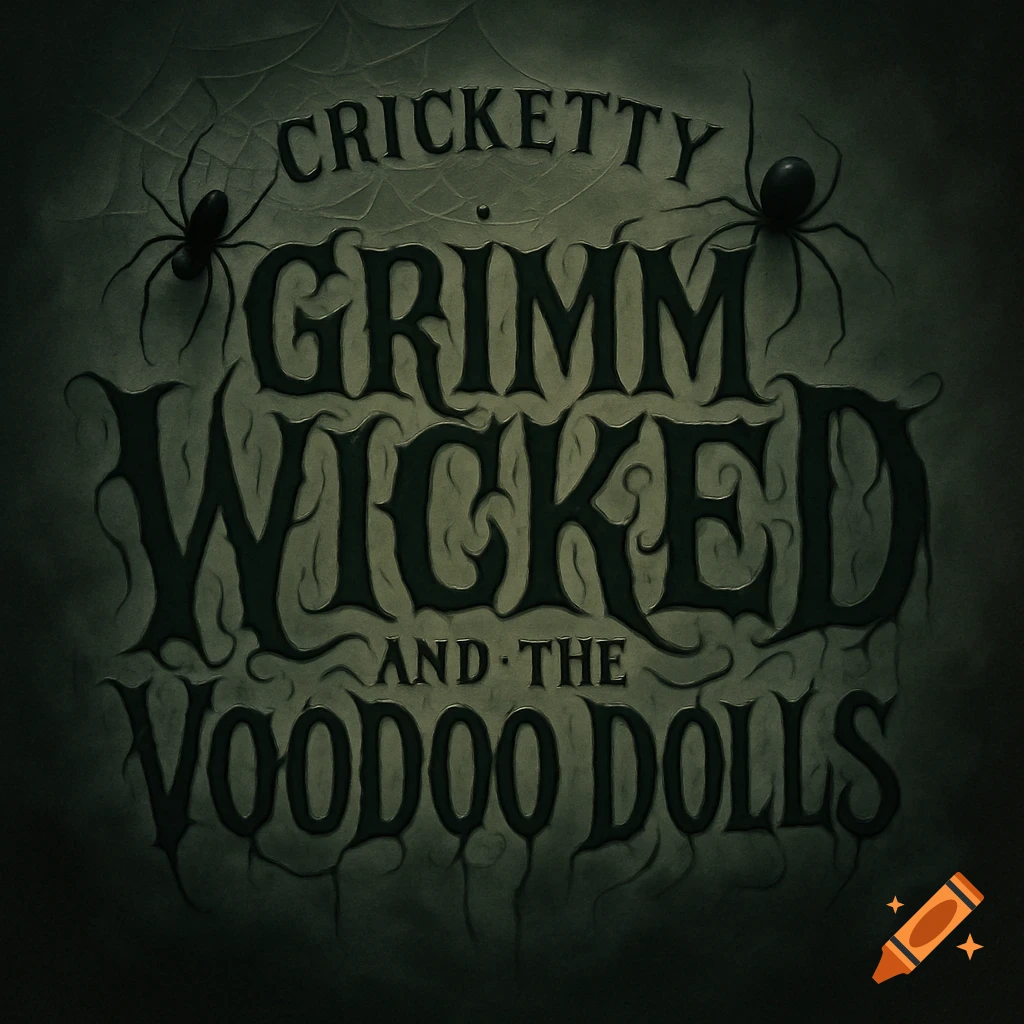 A creepy, dark green logo with the text "Cricketty Grimm Wicked and the VooDoo Dolls" surrounded by spiderwebs and two spiders.