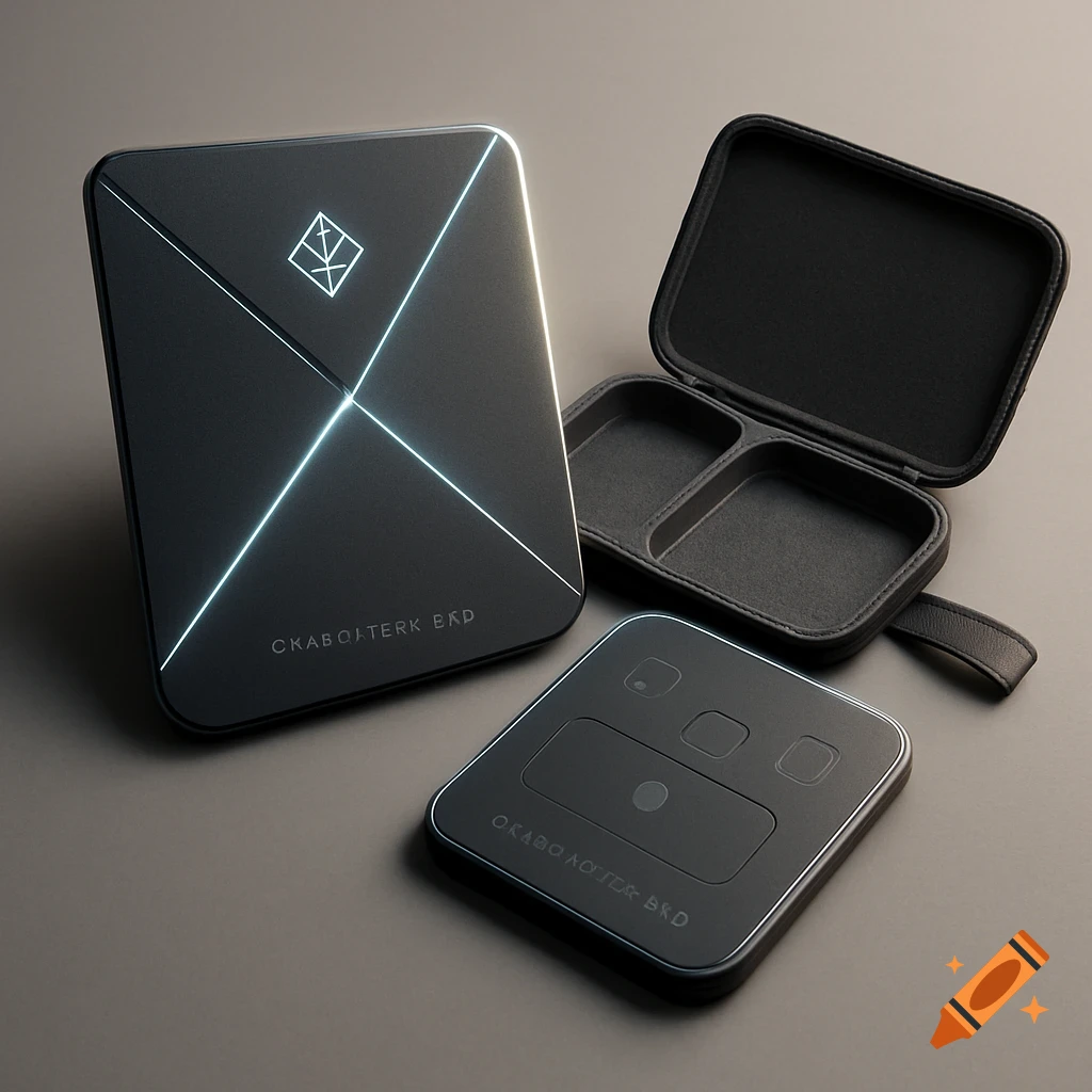 A black product bundle including two sleek, glowing charging pads with a geometric logo, and an open travel case on a neutral background.