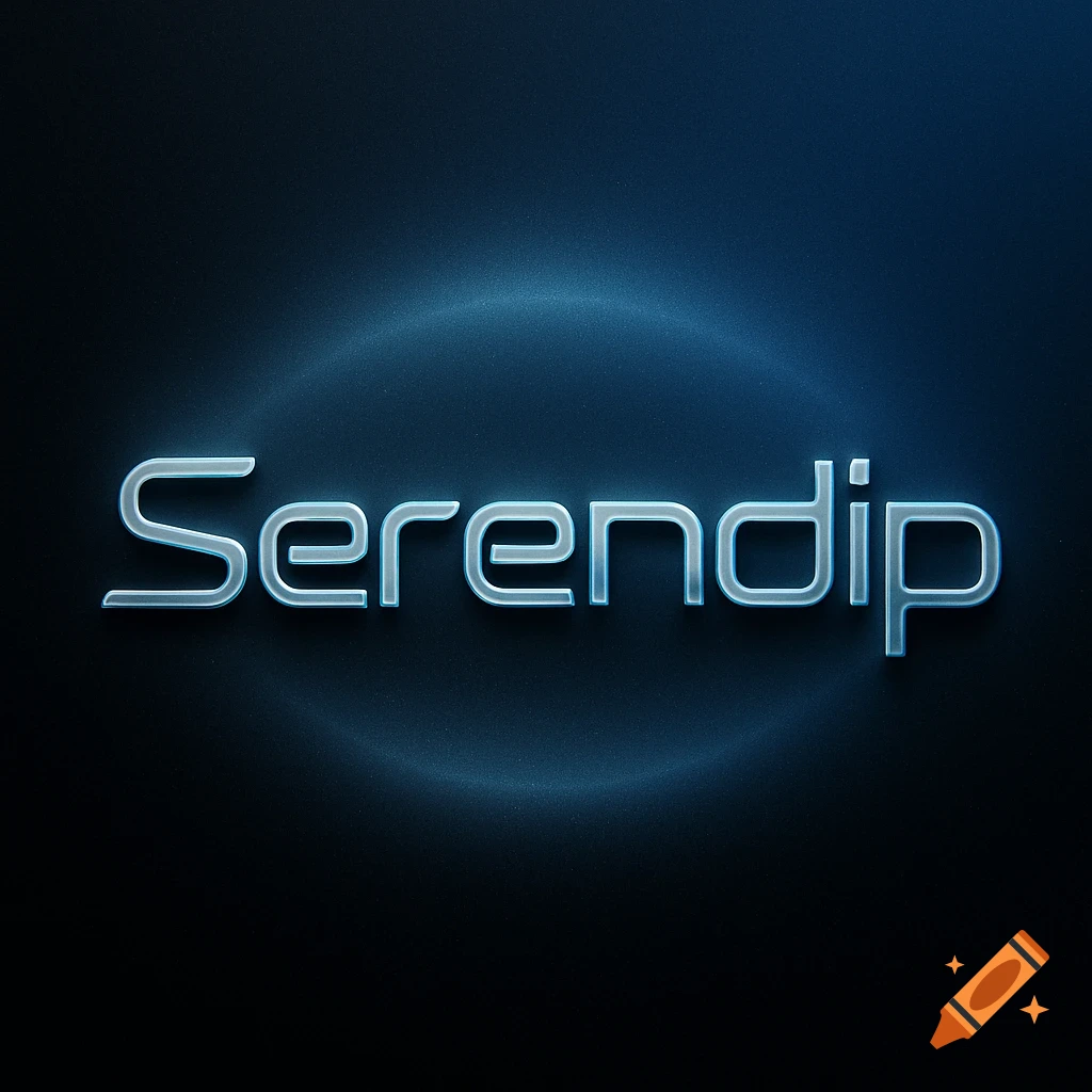Shiny, metallic text "Serendip" with a blue glow on a dark background.