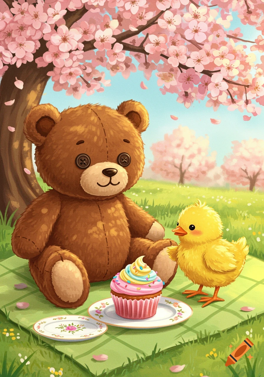 A cute brown teddy bear and a yellow chick sit on a picnic blanket under cherry blossom trees with a cupcake on a plate.