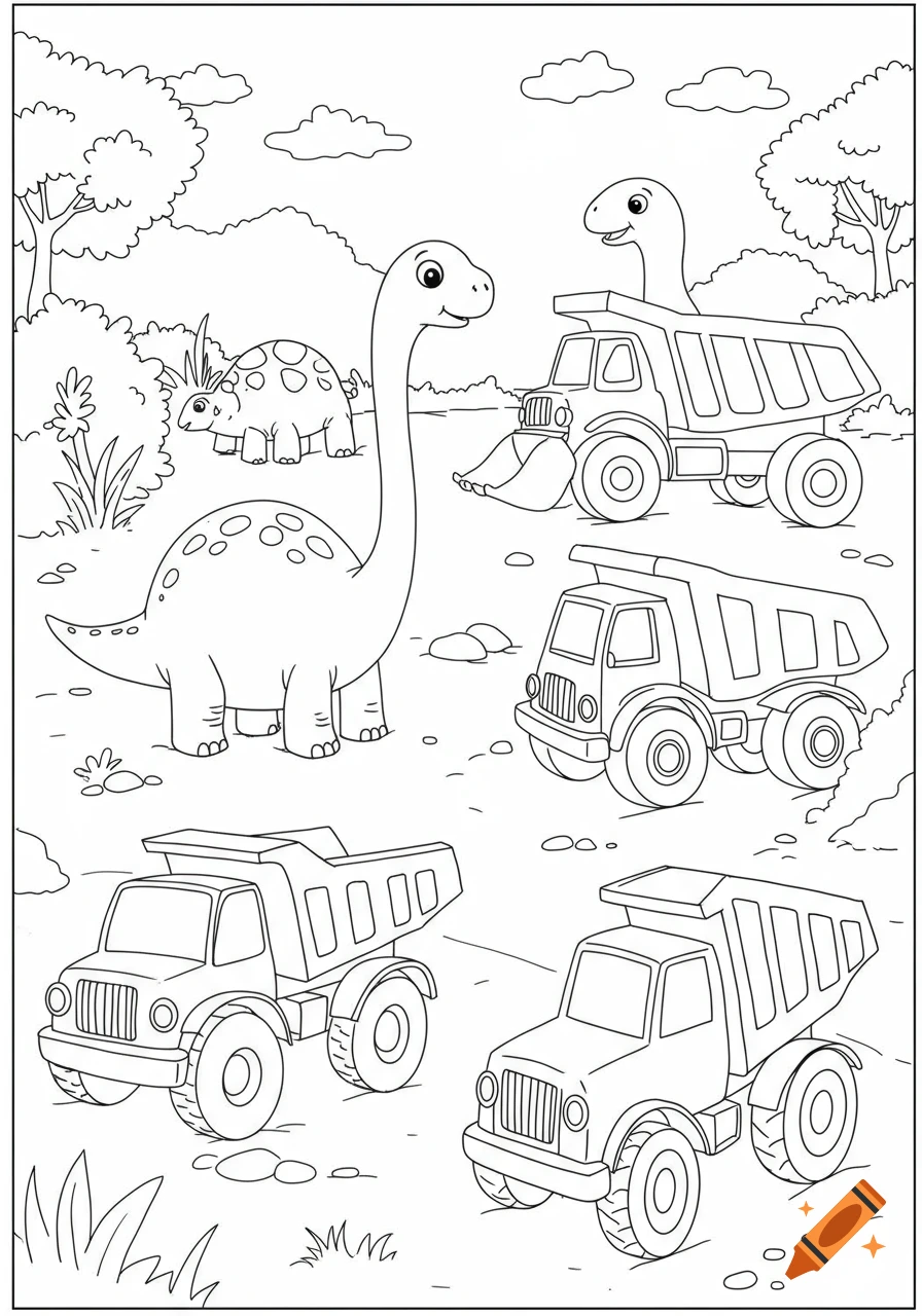 Black and white coloring page with happy dinosaurs and dump trucks in a landscape.