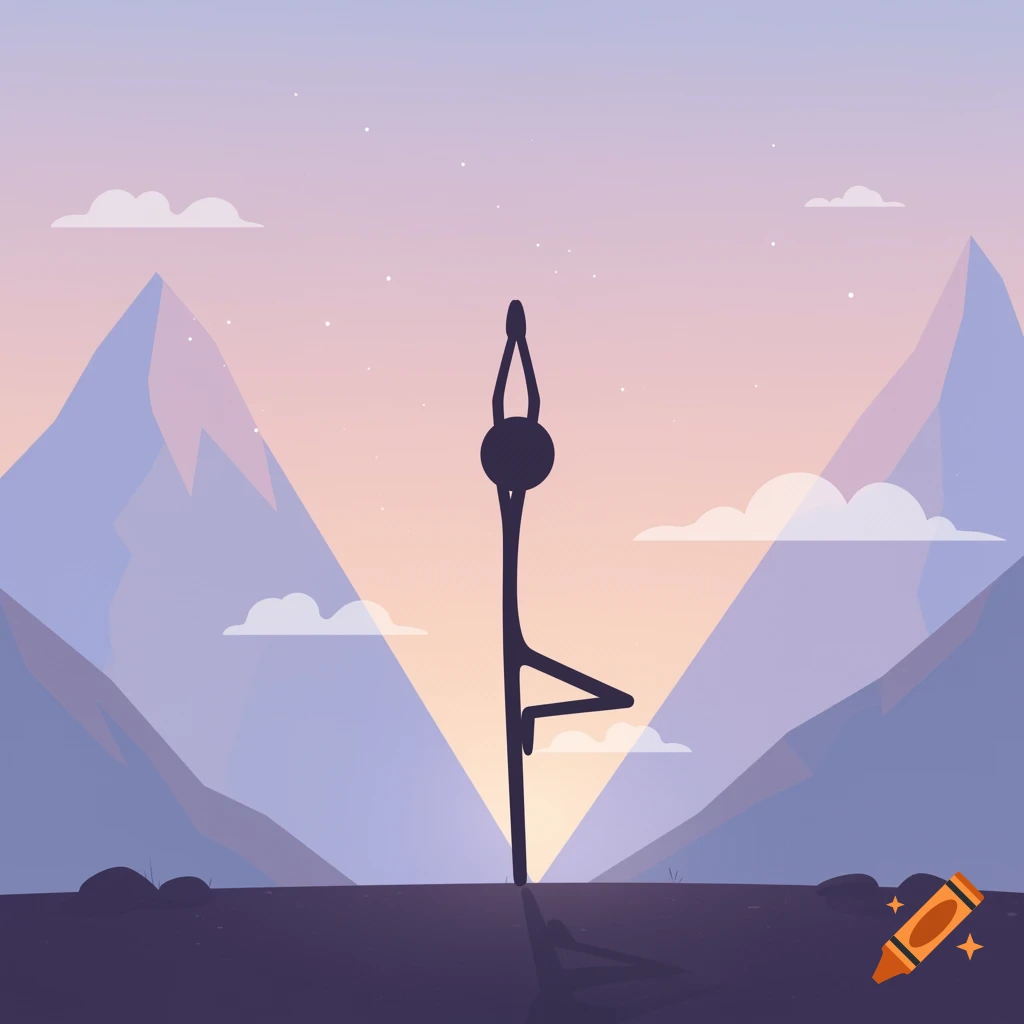 A silhouette of a stick figure performing a yoga tree pose against a serene mountain backdrop at sunrise or sunset.