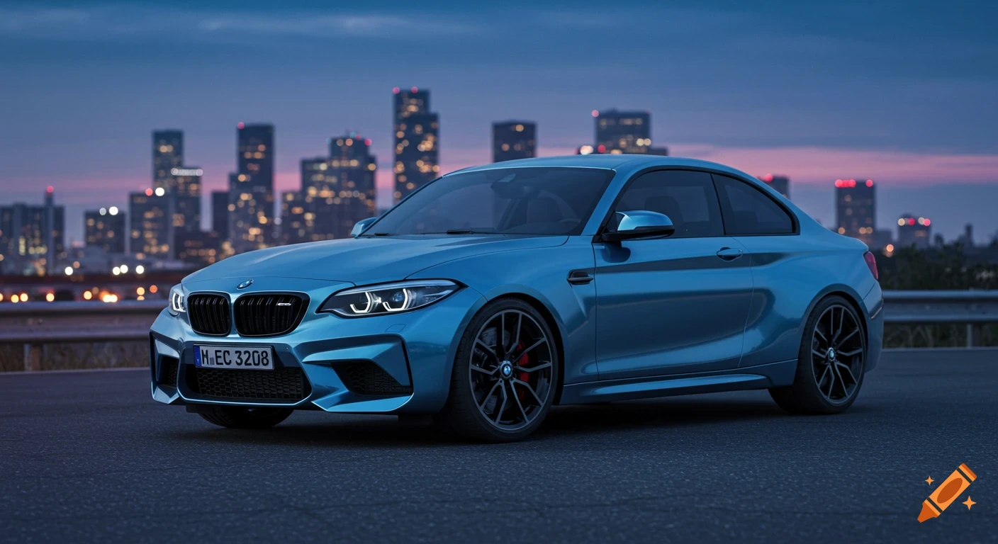 A blue BMW M2 coupe parked on a road with a blurred cityscape and dusk sky in the background, photorealistic style.