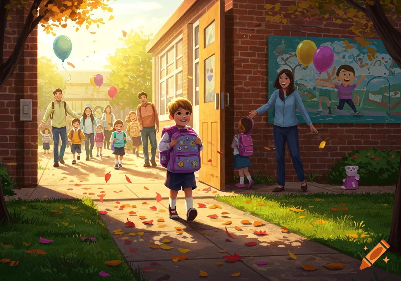 Illustrated scene of children and adults walking towards a school building on a sunny autumn day with fallen leaves.